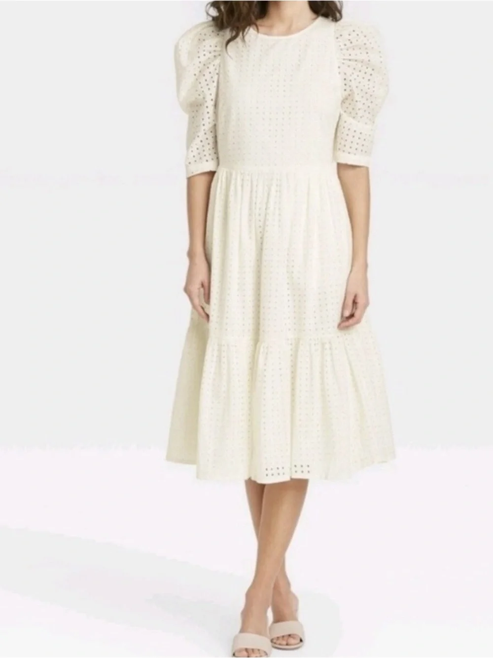 A New Day 100% Cotton Eyelet Cottagecore Midi Dress Puff Half Sleeves Off-White - Picture 2 of 12